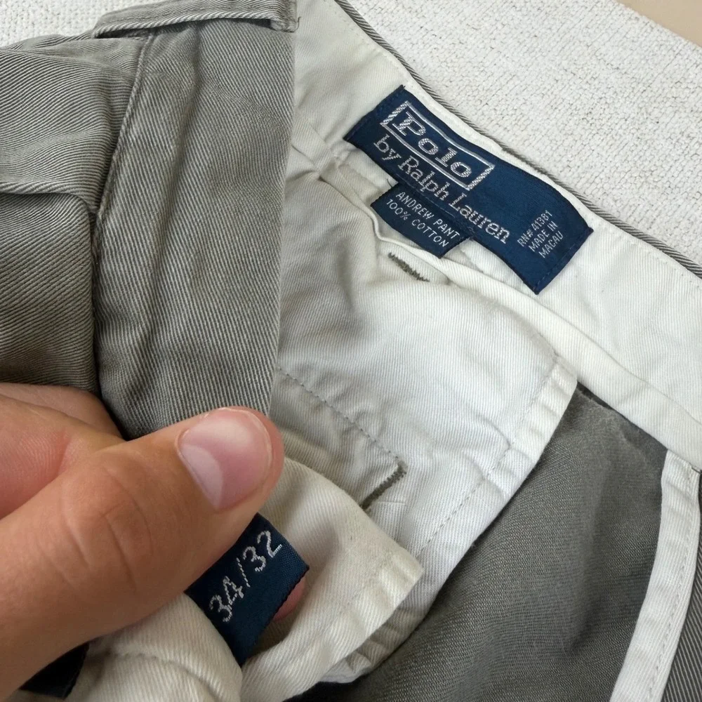 Polo Ralph Lauren Andrew Pant Mens 34x31 Olive Gray Pleated Cotton Chino Trouser